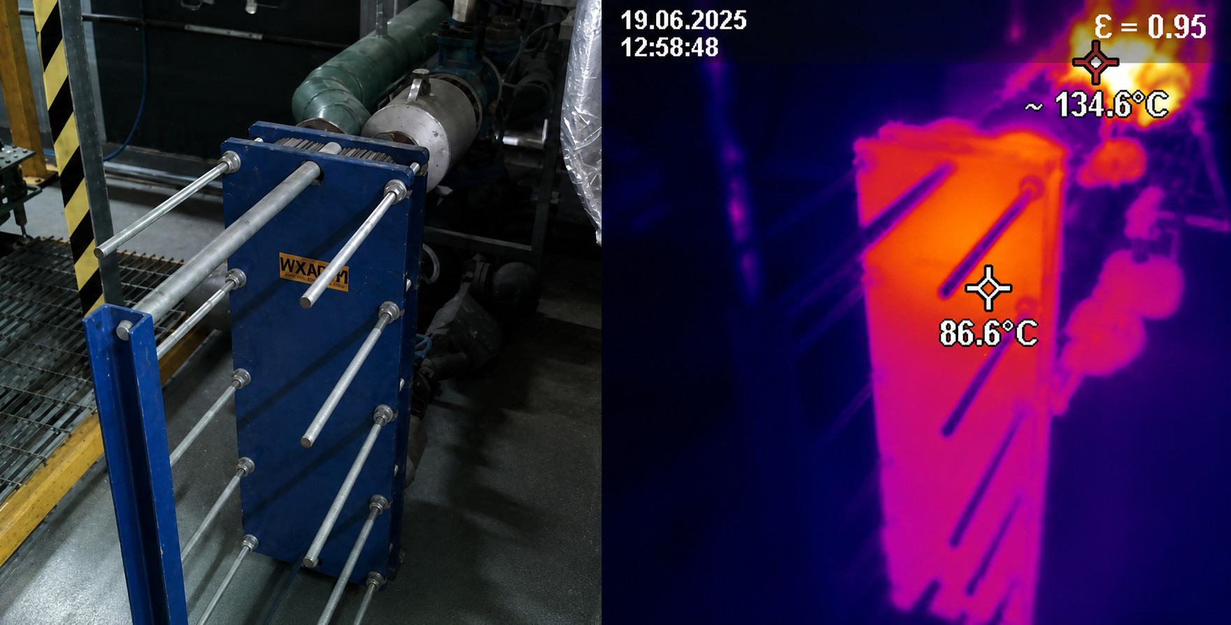 Side-by-side photo and thermal image of an uninsulated plate heat exchanger at 134°C